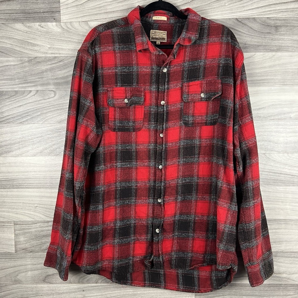 Free Nature Shirt Womens XL Red Black Plaid Flannel Button Up Pockets Cozy‎ Fall